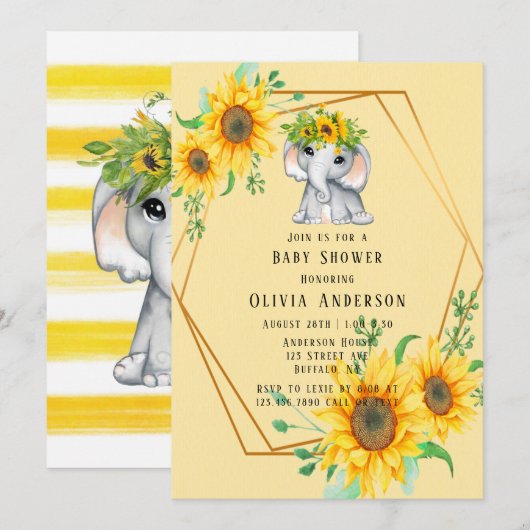 Chic Sunflower Elephant Girl Baby shower Kaart (Voorkant / Achterkant)