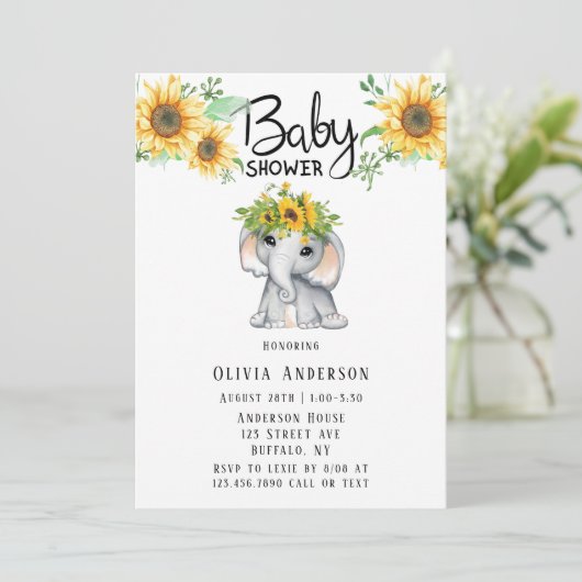 Chic Sunflower Elephant Girl Baby shower Kaart (Staand voorkant)