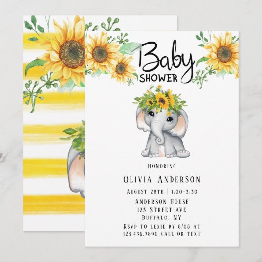 Chic Sunflower Elephant Girl Baby shower Kaart (Voorkant / Achterkant)
