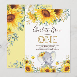 Chic Sunflower Elephant Greenery Gold 1st Birthday Kaart