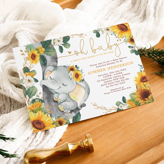 Chic Sunflower Elephant Summer Garden Baby shower Kaart