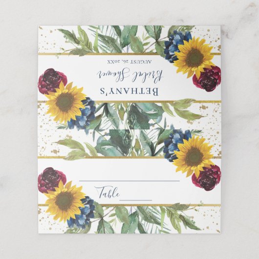 Chic Sunflower Floral Gold Glitter Vrijgezellenfee Plaatskaartje (Buitenkant ongevouwen)