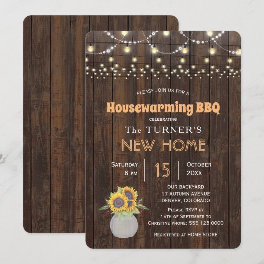 Chic Sunflower String Lights Housewarming Party Kaart (Voorkant / Achterkant)