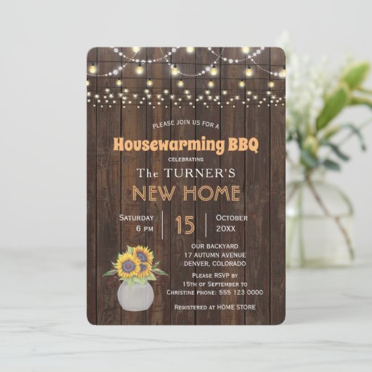 Chic Sunflower String Lights Housewarming Party Kaart (Staand voorkant)