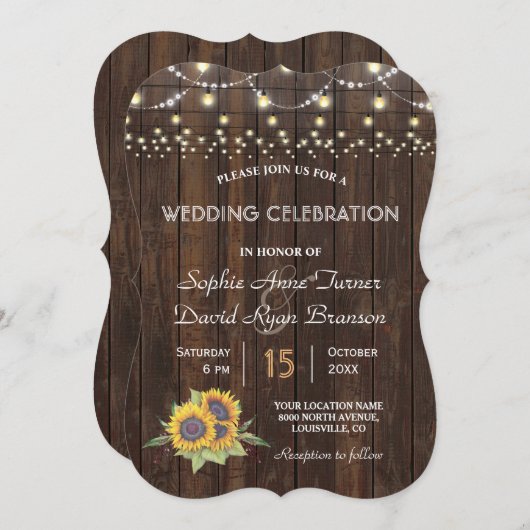 Chic Sunflower String Lights Old Wood Weddenschap Kaart (Voorkant / Achterkant)