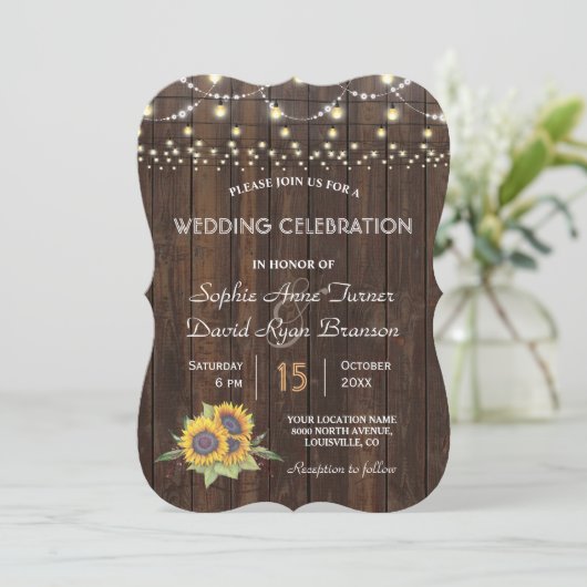 Chic Sunflower String Lights Old Wood Weddenschap Kaart (Staand voorkant)