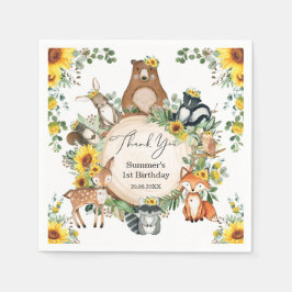 Chic Sunflower Woodland Animals Baby Girl Birthday Servet