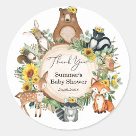 Chic Sunflower Woodland Animals Baby Girl Shower Ronde Sticker