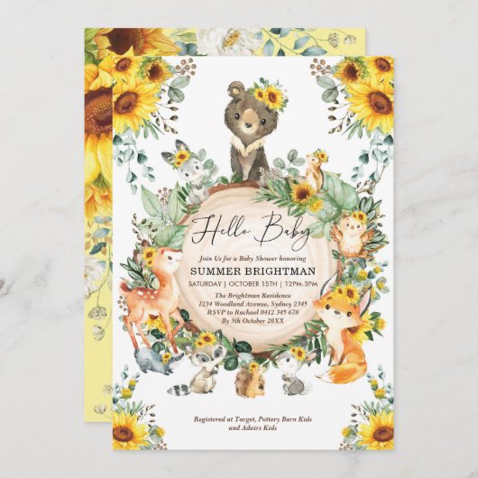 Chic Sunflower Woodland Forest Animals Baby shower Kaart (Voorkant / Achterkant)