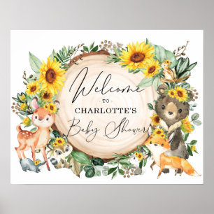 Chic Sunflower Woodland Forest Baby shower Welcome Poster