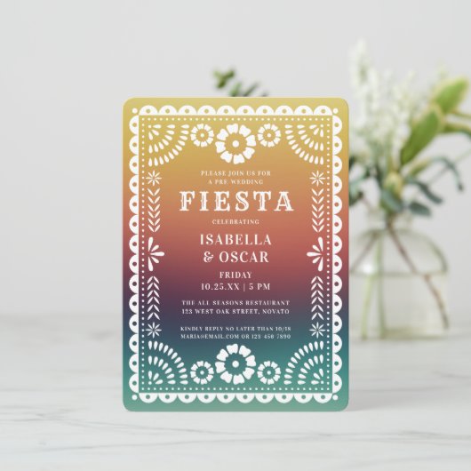 Chic Sunset Gradient Papel Picado Wedding Fiesta Kaart (Staand voorkant)