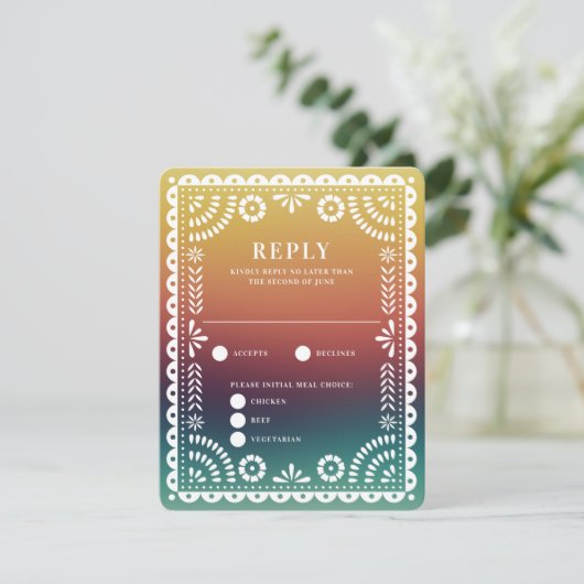 Chic Sunset Gradient Papel Picado Weduwingreactie RSVP Kaartje (Staand voorkant)