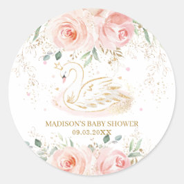 Chic Swan Blush Pink Floral Baby shower Birthday Ronde Sticker