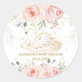 Chic Swan Blush Pink Floral Baby shower Birthday Ronde Sticker