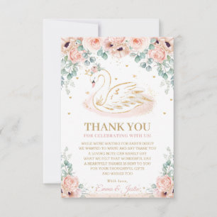 Chic Swan Princess Blush Pink Floral Baby shower Bedankkaart