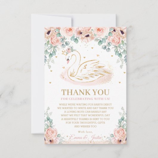 Chic Swan Princess Blush Pink Floral Baby shower Bedankkaart (Voorkant)