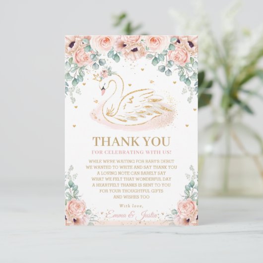 Chic Swan Princess Blush Pink Floral Baby shower Bedankkaart (Staand voorkant)