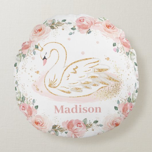 Chic Swan Princess Pastel Blush Floral Gold Rond Kussen (Voorkant)