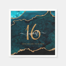 Chic Sweet 16 Blauwgroen Gouden Agaat Custom Naam  Servet