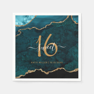 Chic Sweet 16 Blauwgroen Gouden Agaat Custom Naam  Servet