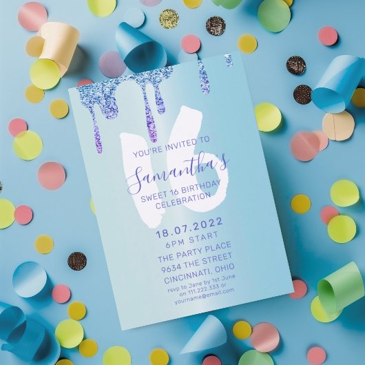 Chic Sweet 16 Blue & Glitter Drips Verjaardag Kaart