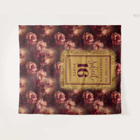 Chic Sweet 16 Blush Bourgogne Gold Party Banner Wandkleed (Voorkant (horizontaal))