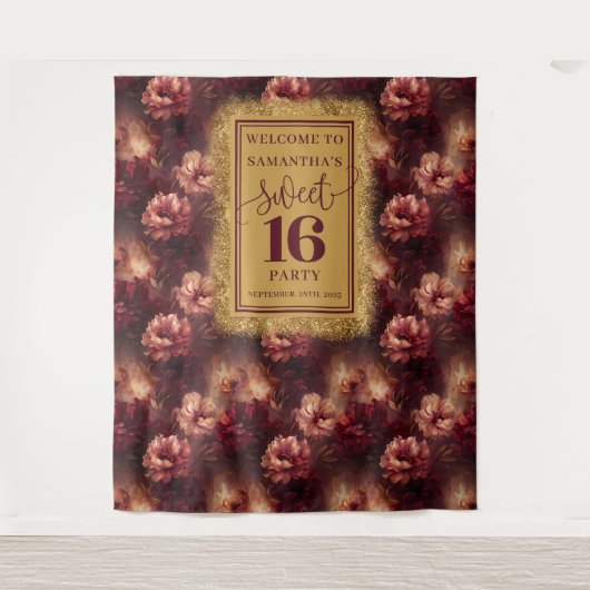 Chic Sweet 16 Blush Bourgogne Gold Party Banner Wandkleed (Voorkant)