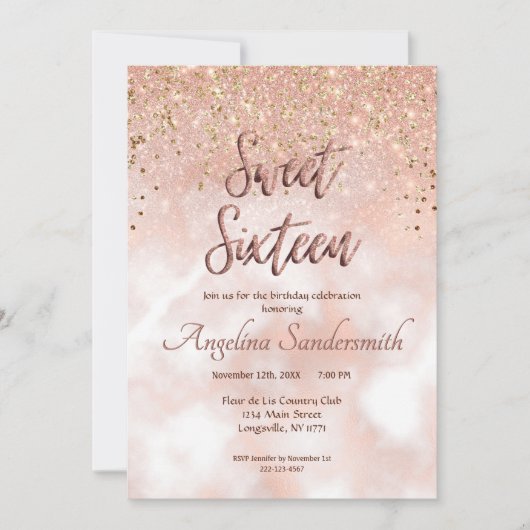 Chic Sweet 16 Blush Pink Rose Gold Glitter Kaart (Voorkant)