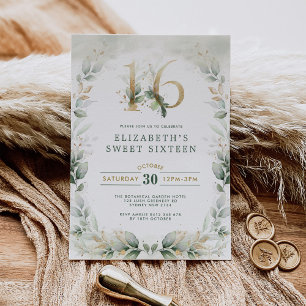 Chic Sweet 16 Botanical Greenery Gold Birthday Kaart