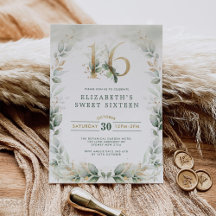 Chic Sweet 16 Botanical Greenery Gold Birthday