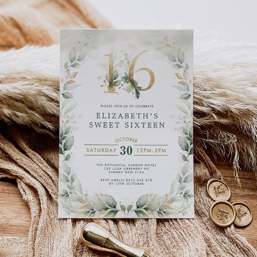 Chic Sweet 16 Botanical Greenery Gold Birthday Kaart