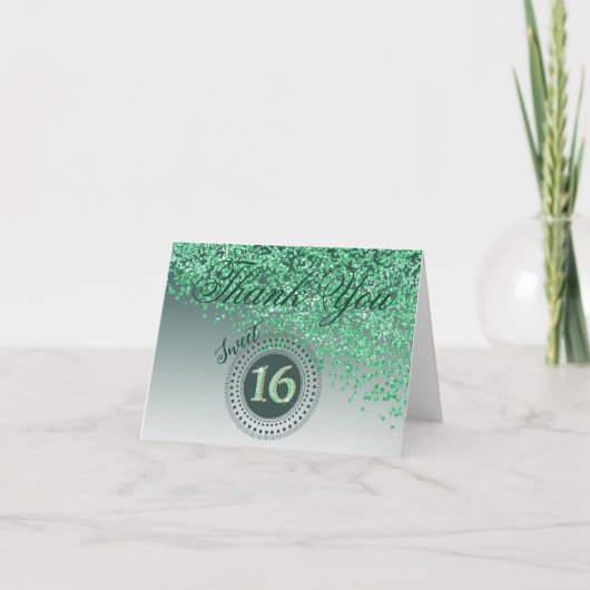 Chic Sweet 16 Green Glitter Dank je wel Bedankkaart (Voorkant)