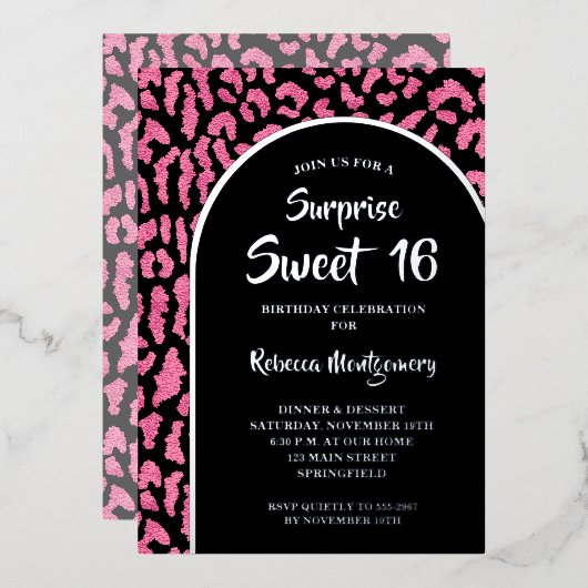Chic Sweet 16 Luipaard Print Verjaardag Goud Folie Uitnodiging (Voorkant / Achterkant)