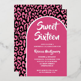 Chic Sweet 16 Luipaard Print Verjaardag Zilver Folie Uitnodiging