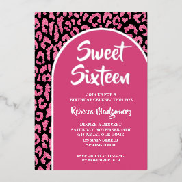 Chic Sweet 16 Luipaard Print Verjaardag Zilver Folie Uitnodiging