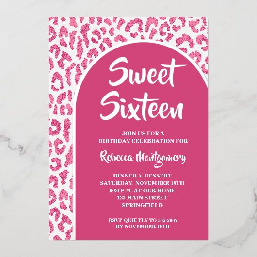 Chic Sweet 16 Luipaard Print Verjaardag Zilver Folie Uitnodiging (Voorkant)