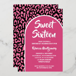 Chic Sweet 16 Luipaardprint Verjaardag Zilver Folie Uitnodiging