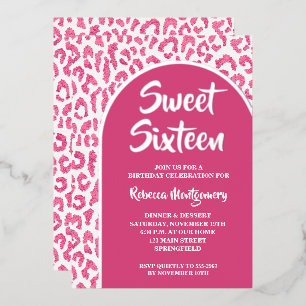 Chic Sweet 16 Luipaardprint Verjaardag Zilver Folie Uitnodiging