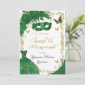 Chic Sweet 16 Masquerade Emerald Green Floral Gold Kaart (Staand voorkant)