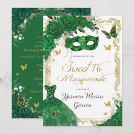 Chic Sweet 16 Masquerade Emerald Green Floral Gold Kaart