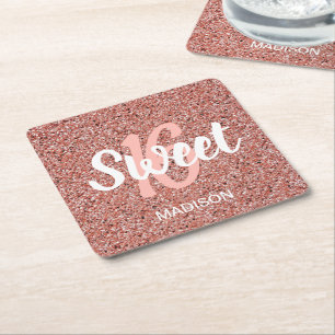 Chic Sweet 16 Roos Gold Pink Glitter op maat Kartonnen Onderzetters