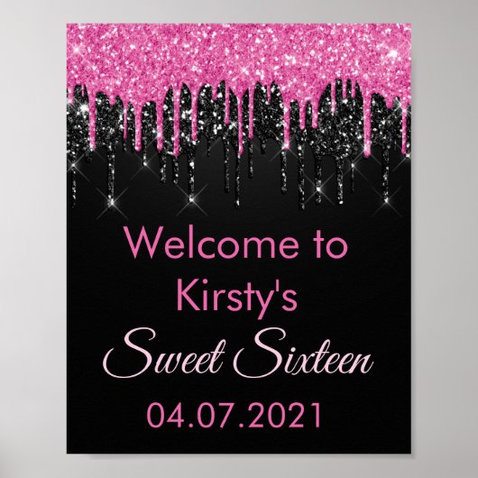 Chic Sweet 16 Roze Black Glitter Party Welcome Pos Poster (Voorkant)