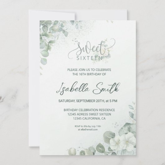 Chic Sweet 16 Rozen Botanisch groen Verjaardag Kaart (Voorkant)