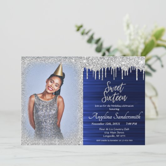 Chic Sweet 16 Zilver Blauw Glitter Sparkles Kaart (Staand voorkant)