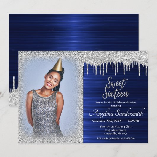 Chic Sweet 16 Zilver Blauw Glitter Sparkles Kaart (Voorkant / Achterkant)