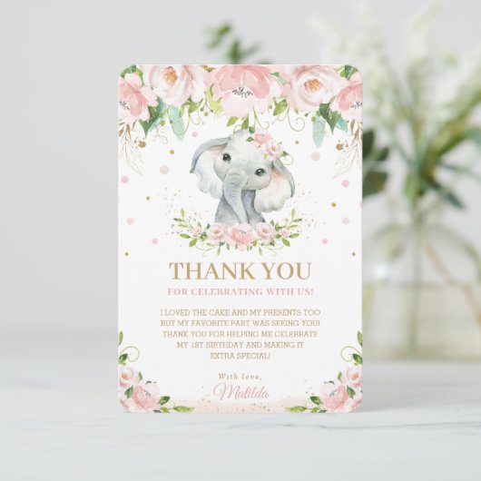 Chic Sweet Elephant Blush Pink Floral 1st Birthday Bedankkaart (Staand voorkant)