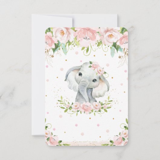 Chic Sweet Elephant Blush Pink Floral 1st Birthday Bedankkaart (Achterkant)