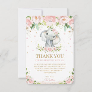 Chic Sweet Elephant Blush Pink Floral 1st Birthday Bedankkaart