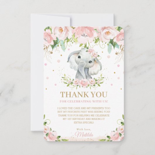 Chic Sweet Elephant Blush Pink Floral 1st Birthday Bedankkaart (Voorkant)