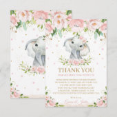 Chic Sweet Elephant Pink Floral Baby shower Bedankkaart (Voorkant / Achterkant)
